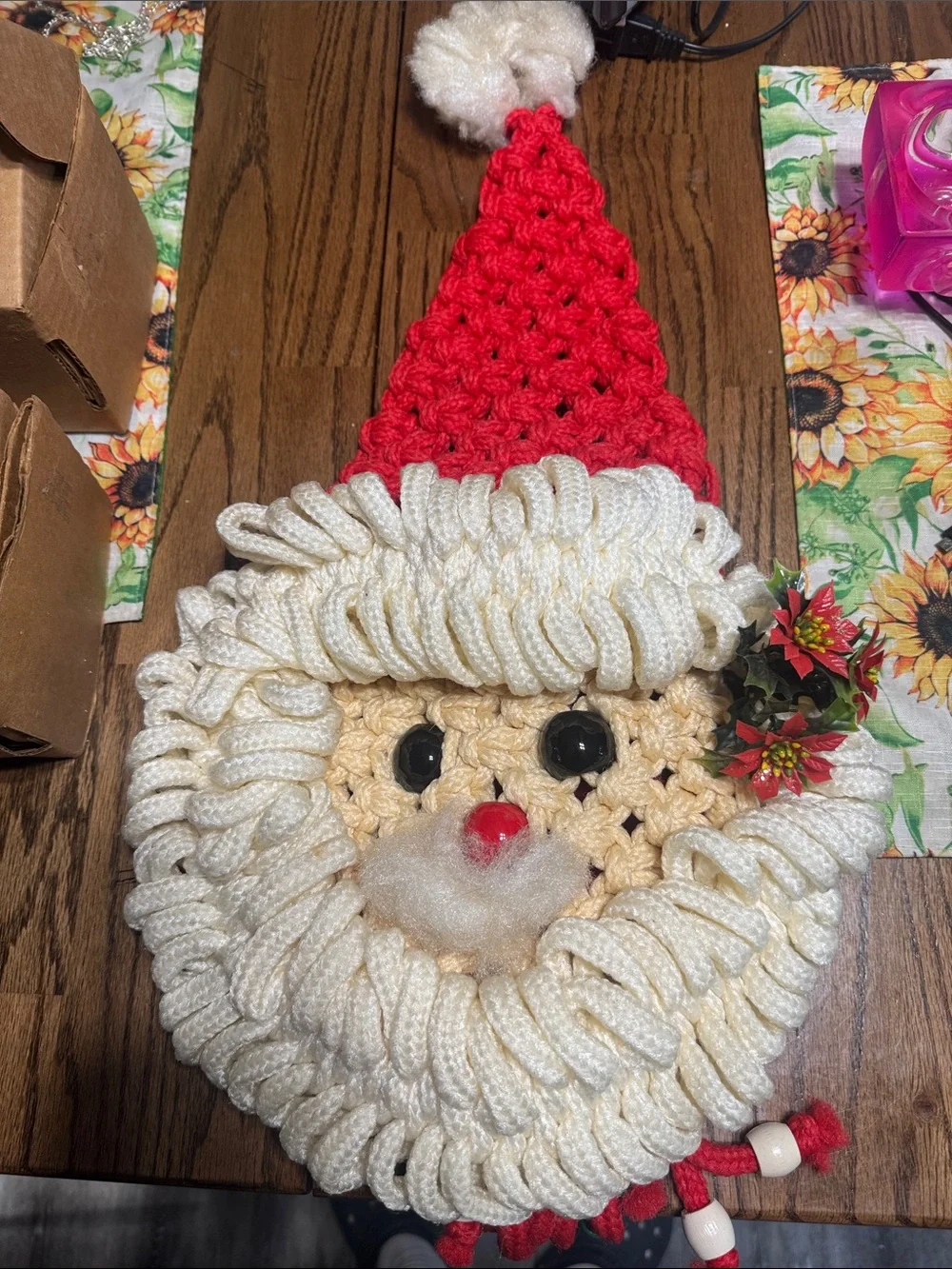 Handmade Crochet Santa Face Wall Hanging - Cream & Red